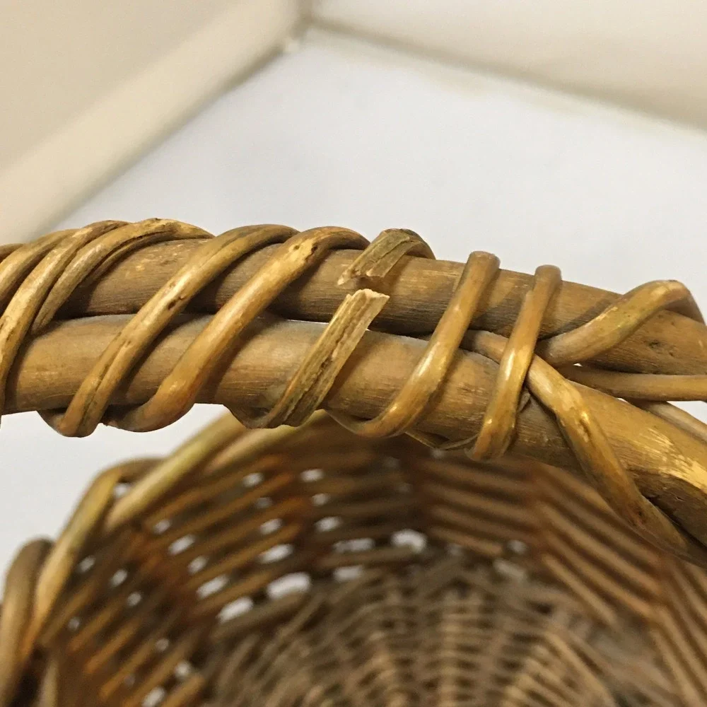 Woven Wicker Basket Small Gold Brown Rustic Double Handle Decor Cottagecore